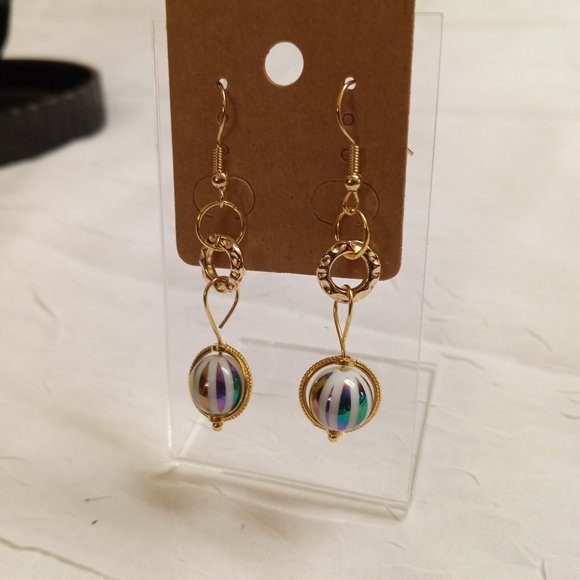 Steel Handmade Hand Crafted Beaded Rainbow Stripe Dangle Earrings #53 - Picture 10 of 11